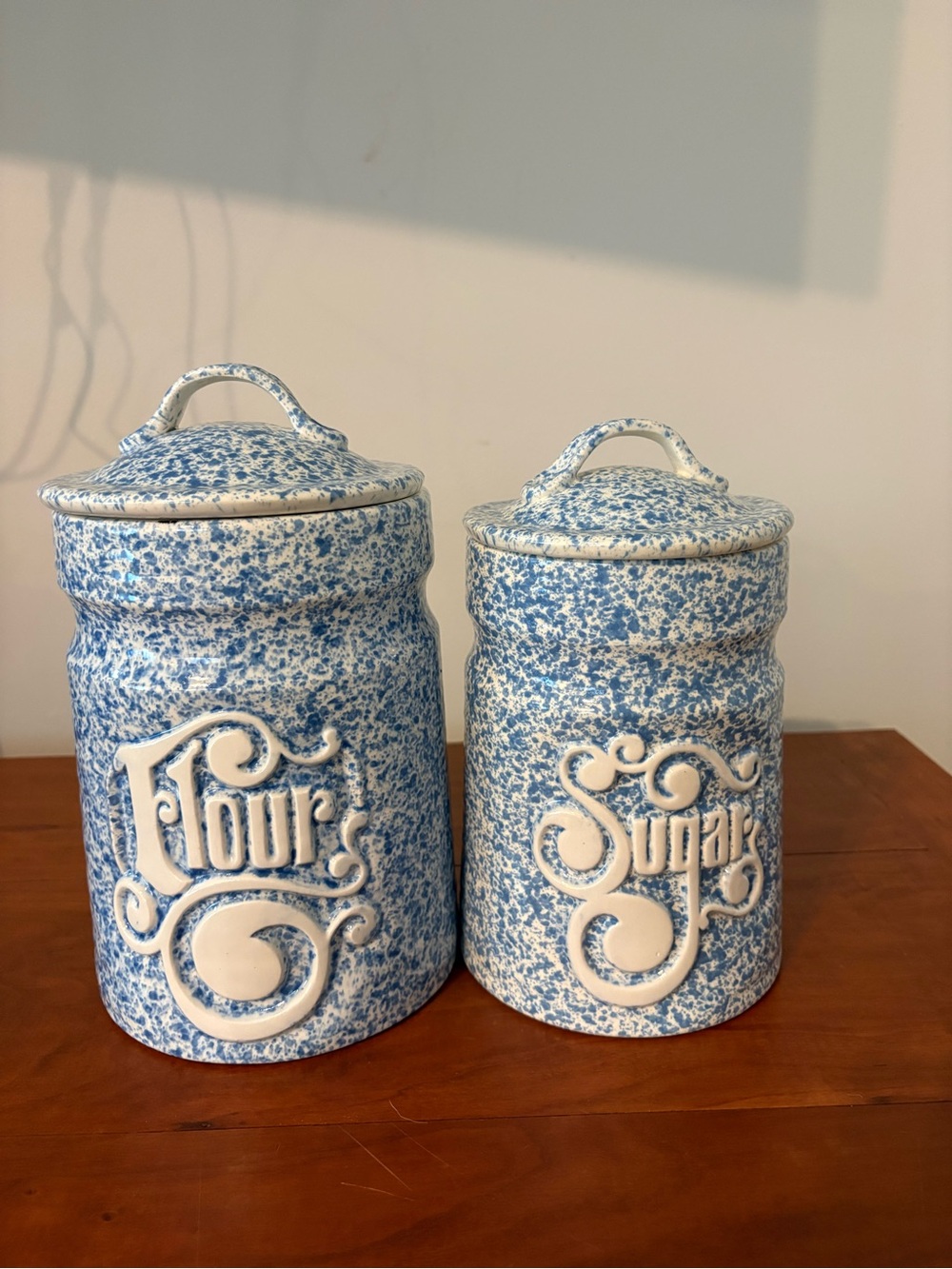 Blue Spongeware Flour & Sugar Canister Set Cottage Farmhouse Pottery